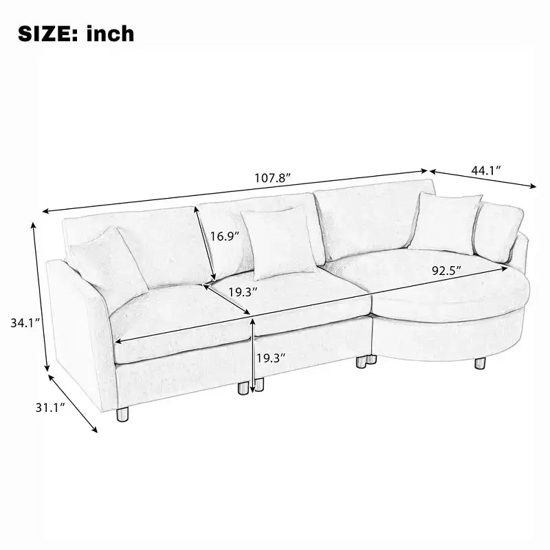 Canapé courbé rembourré de 268 cm, 3 places avec 3 oreillers, tissu chenille