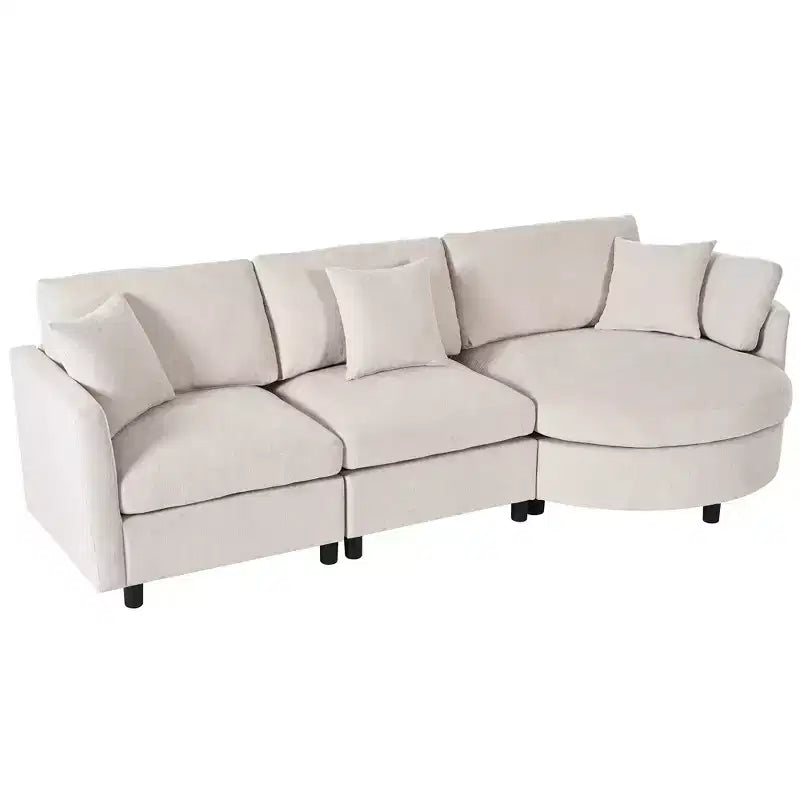 Canapé courbé rembourré de 268 cm, 3 places avec 3 oreillers, tissu chenille