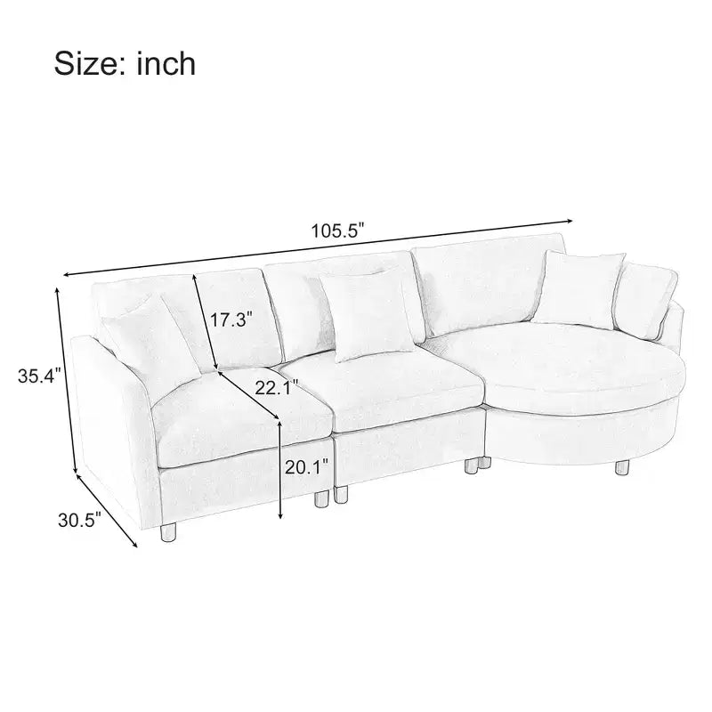 Canapé courbé rembourré de 268 cm, 3 places avec 3 oreillers, tissu chenille