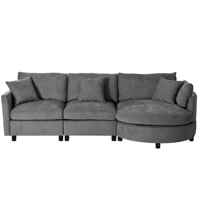 Canapé courbé rembourré de 268 cm, 3 places avec 3 oreillers, tissu chenille