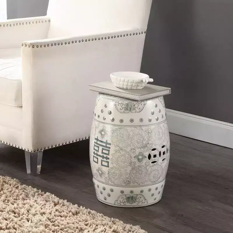 Tabouret de jardin en céramique chinoiserie Double Bonheur 18", bleu