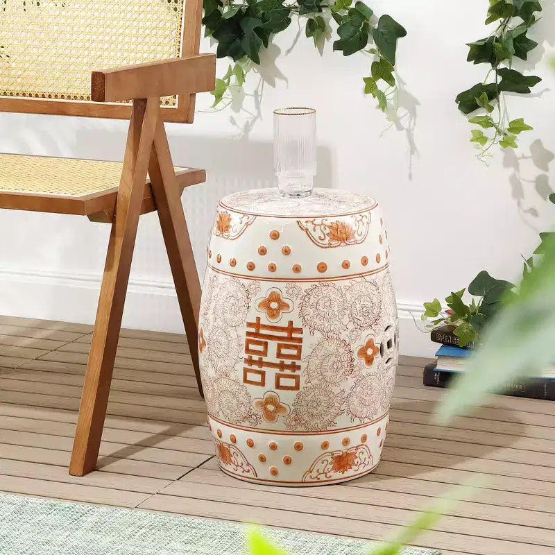 Tabouret de jardin en céramique chinoiserie Double Bonheur 18", bleu