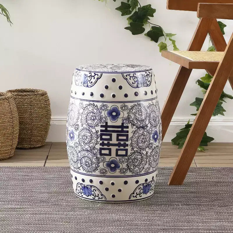 Tabouret de jardin en céramique chinoiserie Double Bonheur 18", bleu