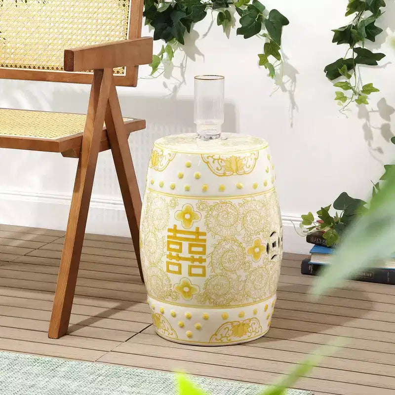 Tabouret de jardin en céramique chinoiserie Double Bonheur 18", bleu