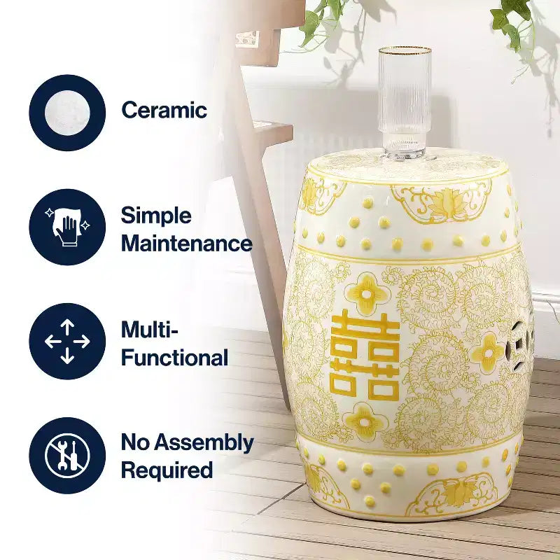 Tabouret de jardin en céramique chinoiserie Double Bonheur 18", bleu