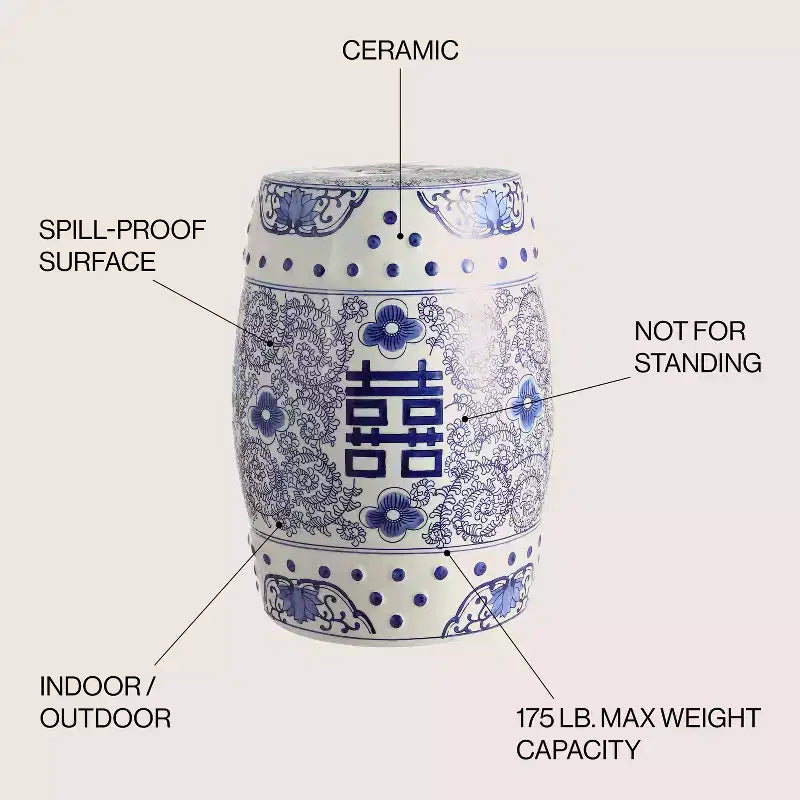 Tabouret de jardin en céramique chinoiserie Double Bonheur 18", bleu