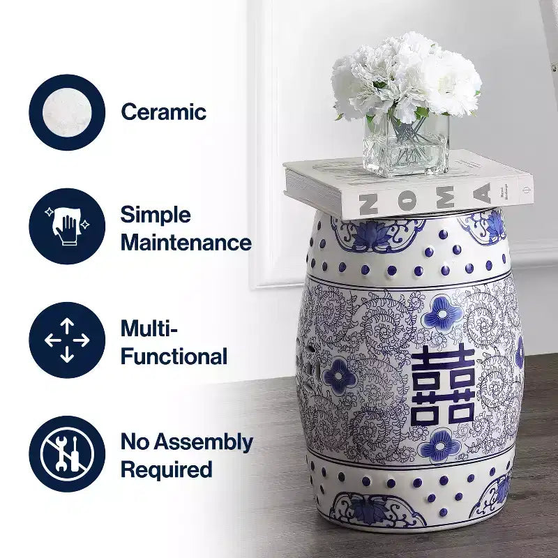 Tabouret de jardin en céramique chinoiserie Double Bonheur 18", bleu