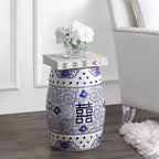 Tabouret de jardin en céramique chinoiserie Double Bonheur 18", bleu