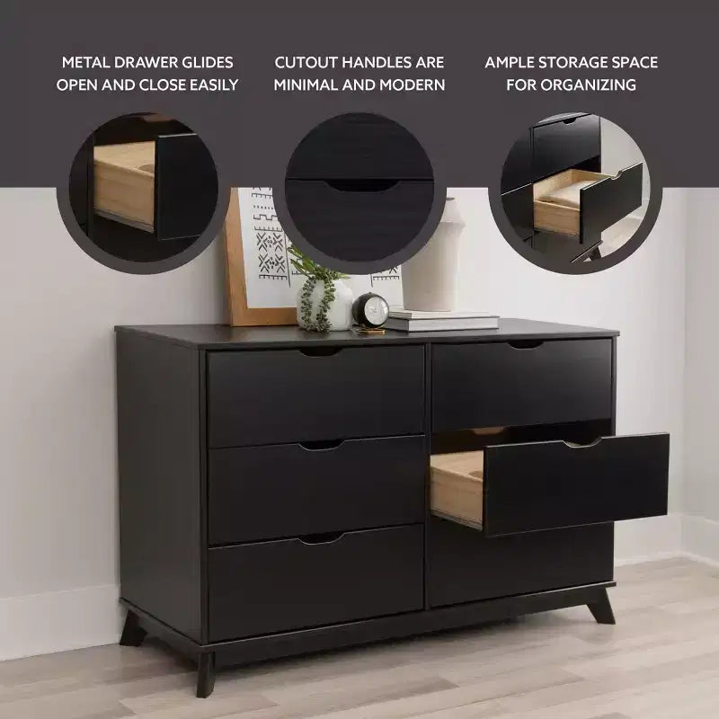 Commode moderne mi-siècle à 6 tiroirs en pin massif
