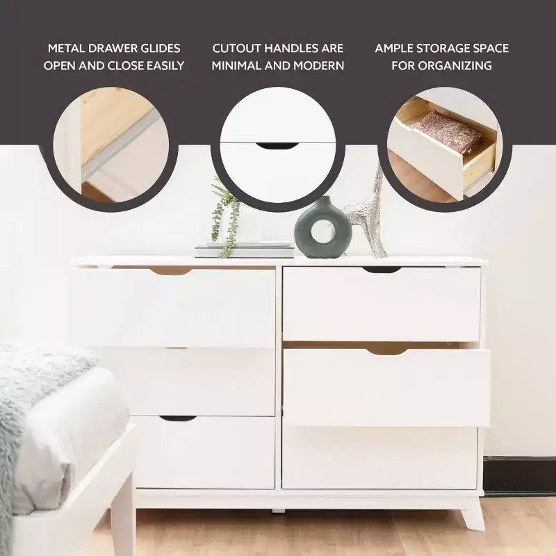 Commode moderne mi-siècle à 6 tiroirs en pin massif