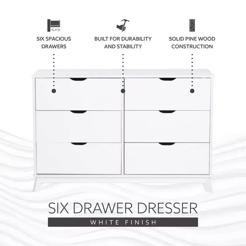 Commode moderne mi-siècle à 6 tiroirs en pin massif