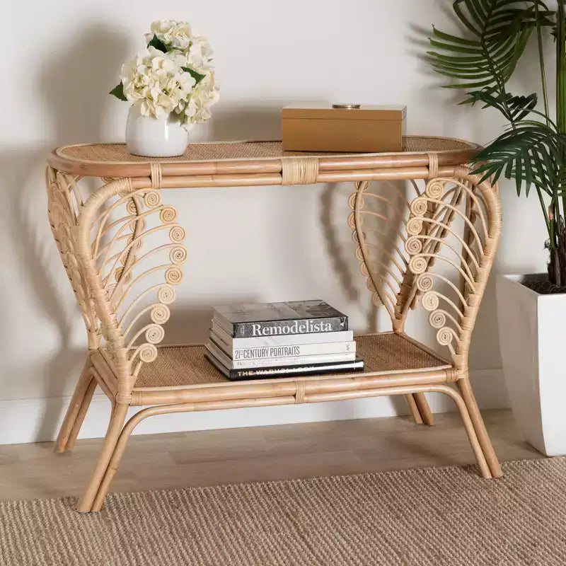 bali & pari Bastet Modern Bohemian Natural Brown Rattan 2-Tier Console Table