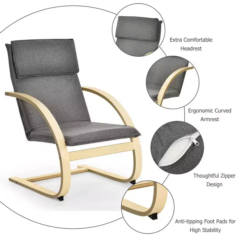 Fauteuil lounge en bois courbé, tissu lin, structure en bouleau, dossier haut, capacité 150 kg, gris