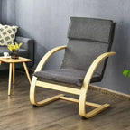 Fauteuil lounge en bois courbé, tissu lin, structure en bouleau, dossier haut, capacité 150 kg, gris