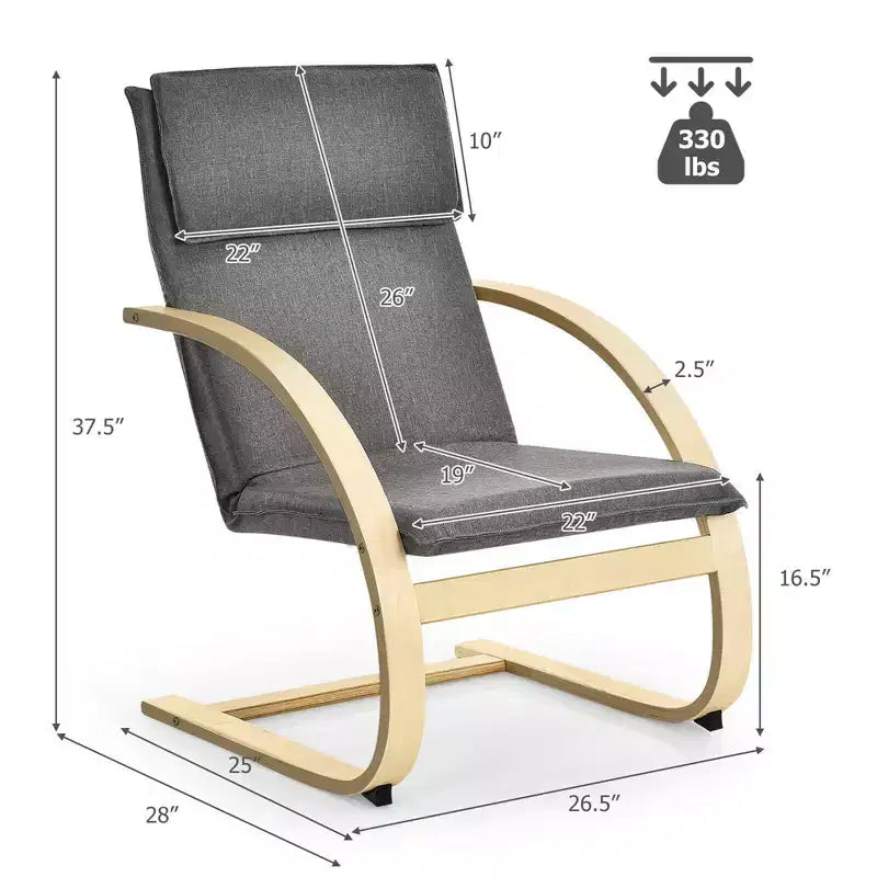 Fauteuil lounge en bois courbé, tissu lin, structure en bouleau, dossier haut, capacité 150 kg, gris