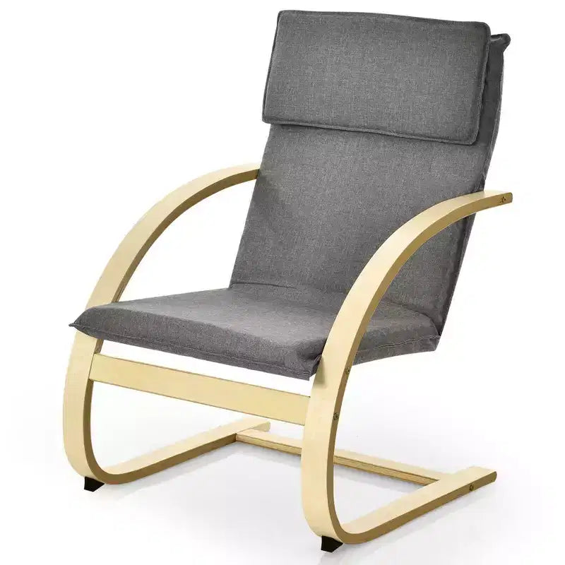 Fauteuil lounge en bois courbé, tissu lin, structure en bouleau, dossier haut, capacité 150 kg, gris