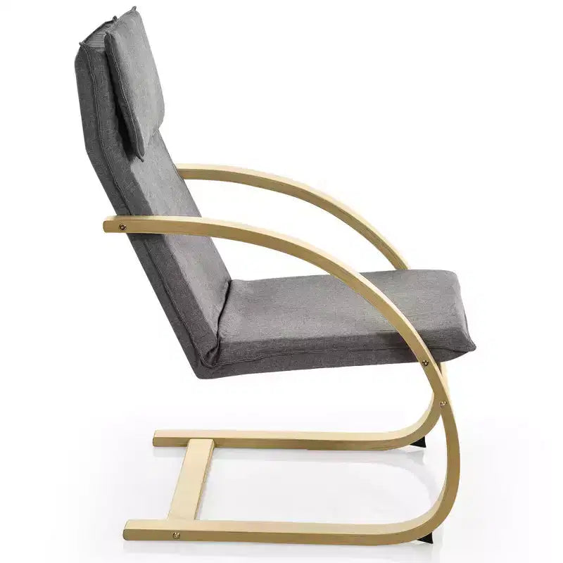 Fauteuil lounge en bois courbé, tissu lin, structure en bouleau, dossier haut, capacité 150 kg, gris