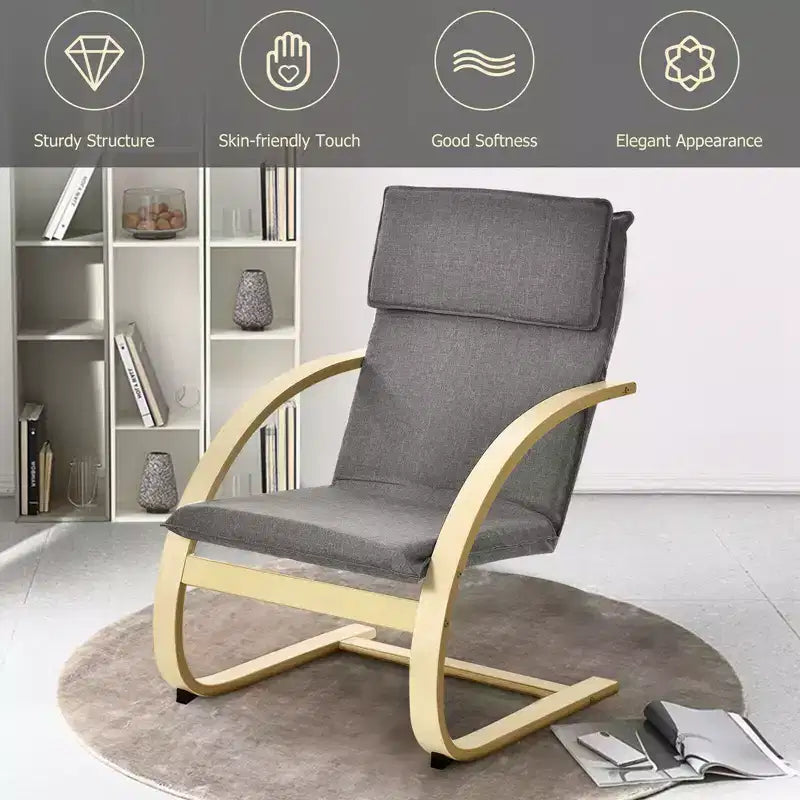 Fauteuil lounge en bois courbé, tissu lin, structure en bouleau, dossier haut, capacité 150 kg, gris