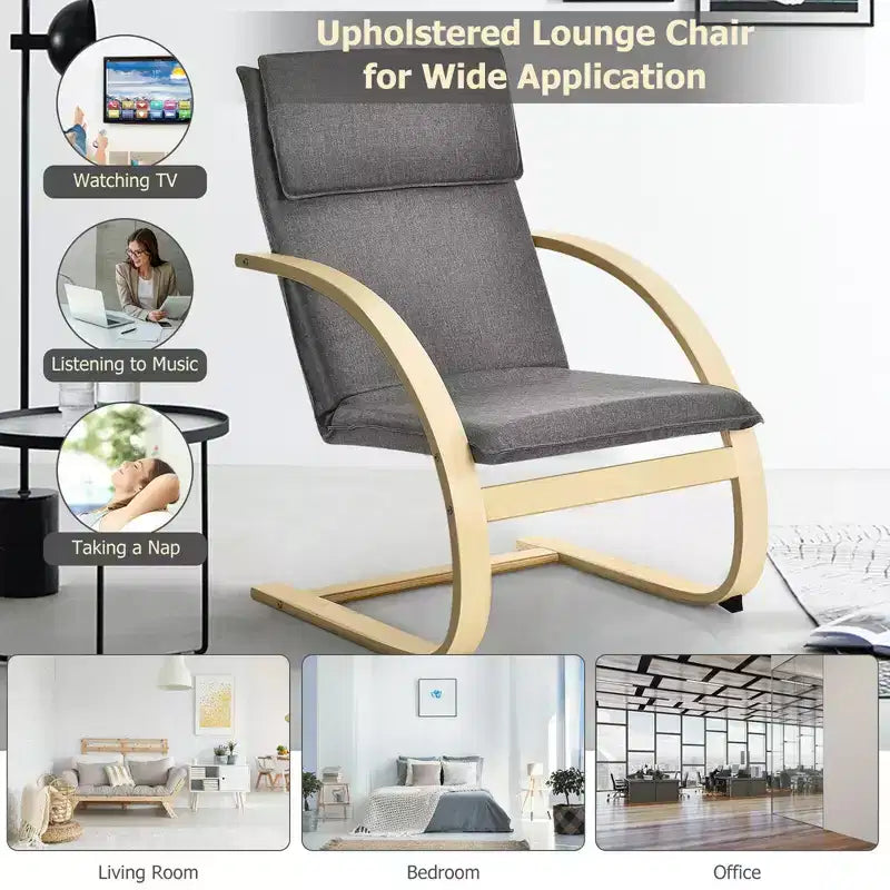 Fauteuil lounge en bois courbé, tissu lin, structure en bouleau, dossier haut, capacité 150 kg, gris