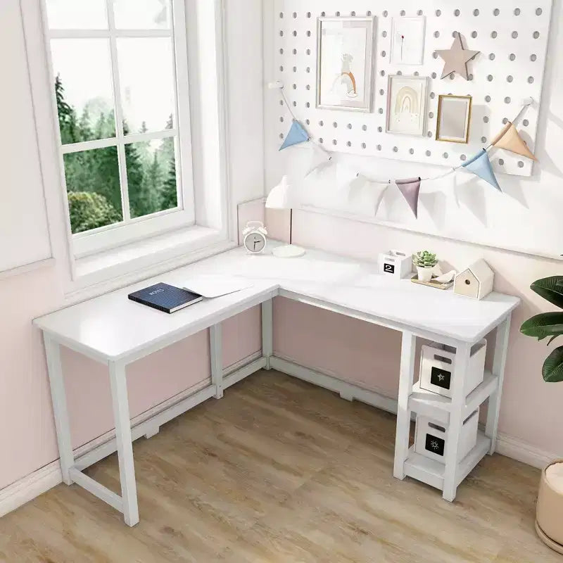 Max & Lily Solid Wood L-Shaped Desk, Corner Desk for Home Office, Gaming, Computer, Storage Shelves