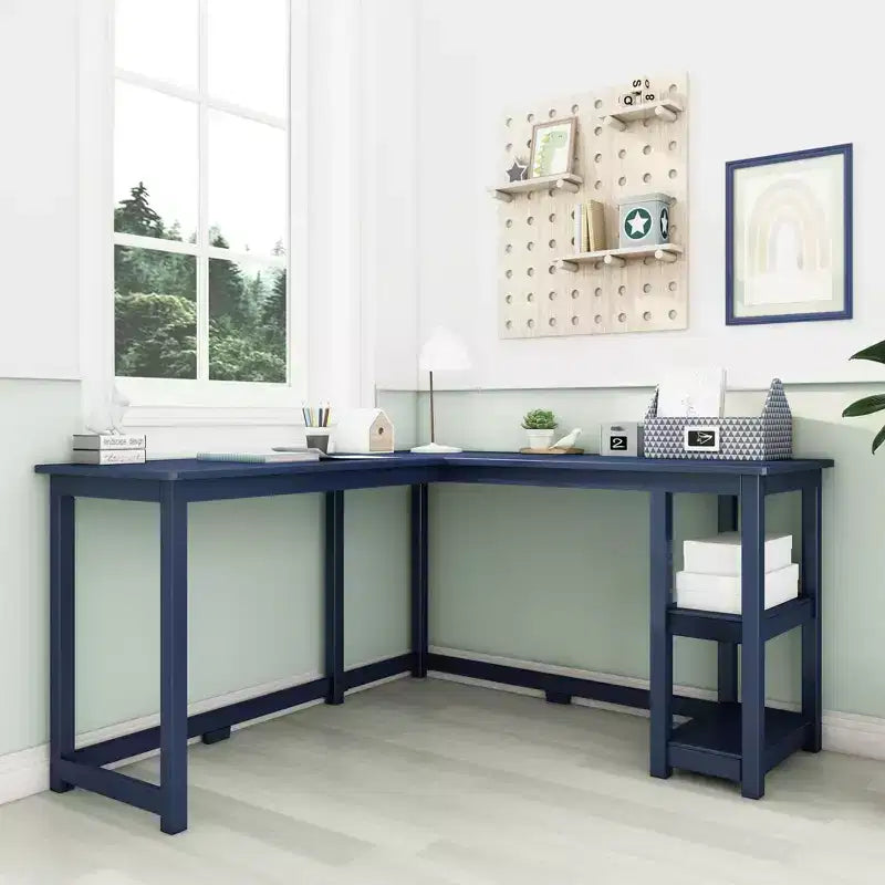 Bureau d'angle en L en bois massif avec étagères de rangement, 140,3 cm de largeur, pour bureau à domicile