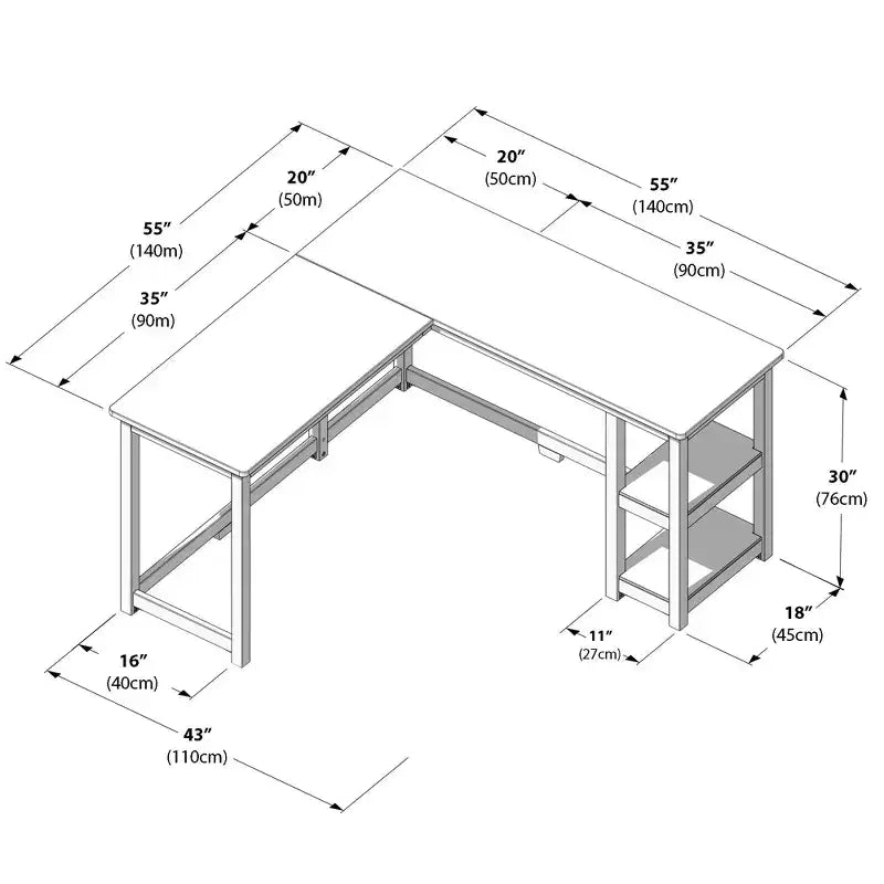 Bureau d'angle en L en bois massif avec étagères de rangement, 140,3 cm de largeur, pour bureau à domicile