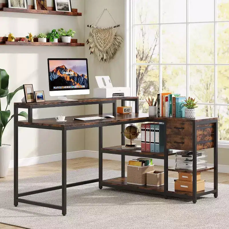 Bureau d'angle réversible en L avec tiroir, étagères de rangement et support d'écran