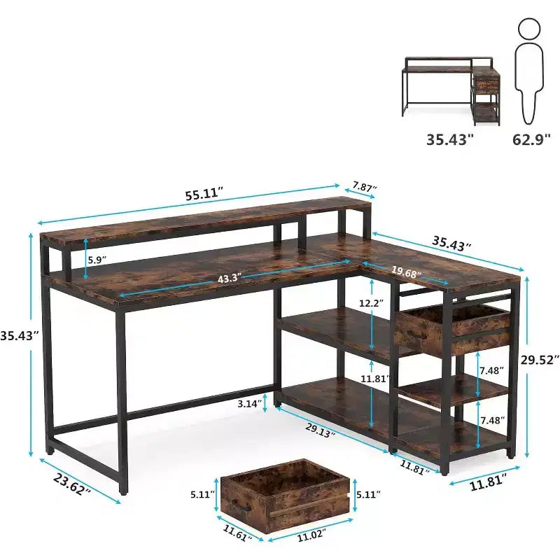 Bureau d'angle réversible en L avec tiroir, étagères de rangement et support d'écran