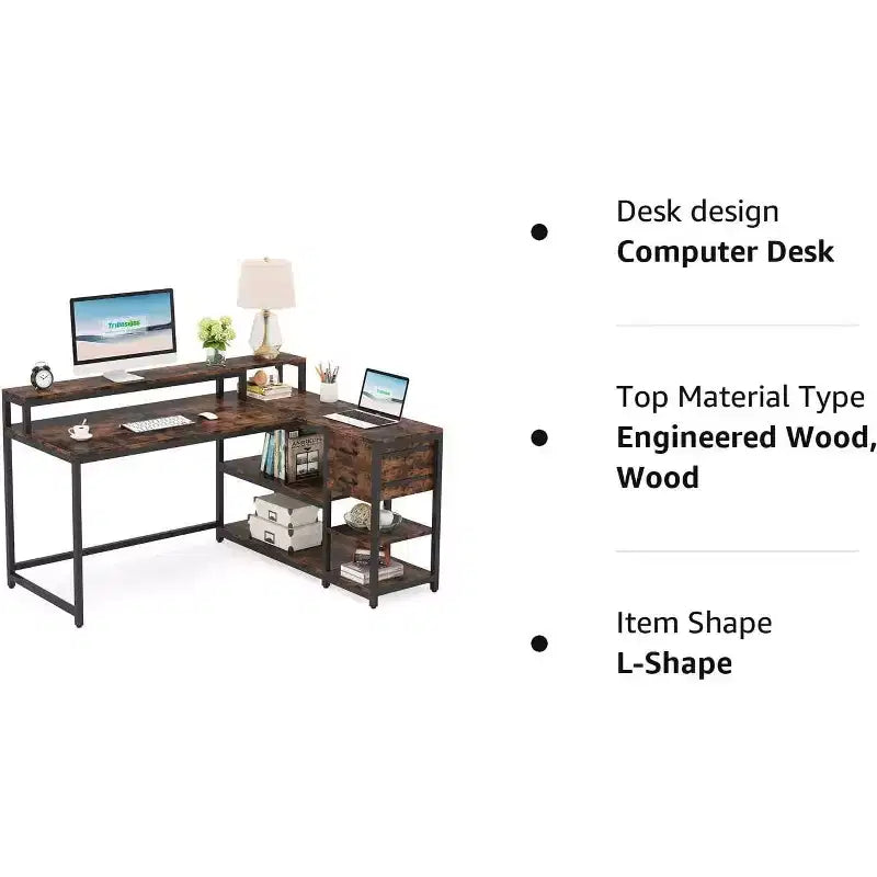 Bureau d'angle réversible en L avec tiroir, étagères de rangement et support d'écran