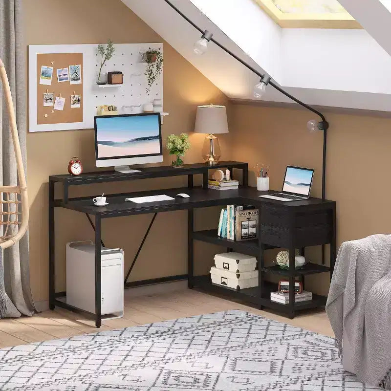 Bureau d'angle réversible en L avec tiroir, étagères de rangement et support d'écran