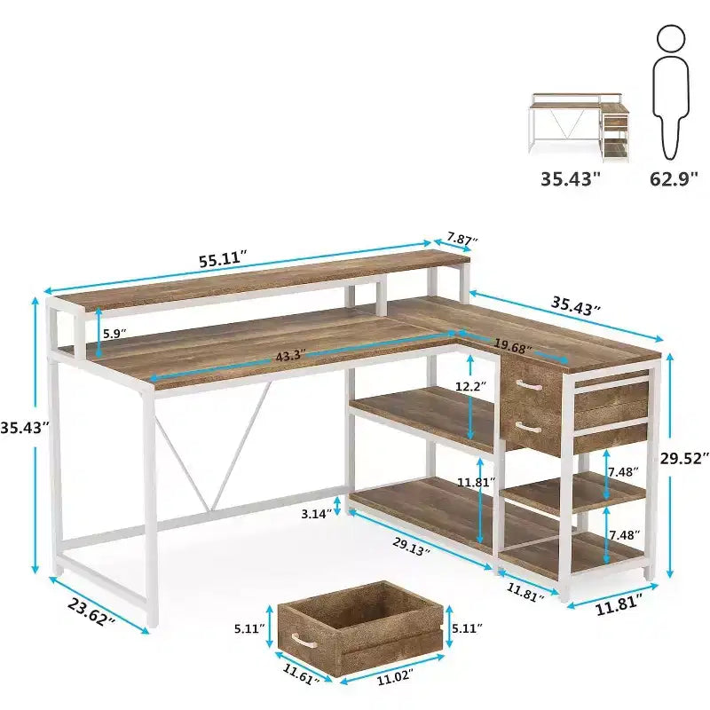 Bureau d'angle réversible en L avec tiroir, étagères de rangement et support d'écran