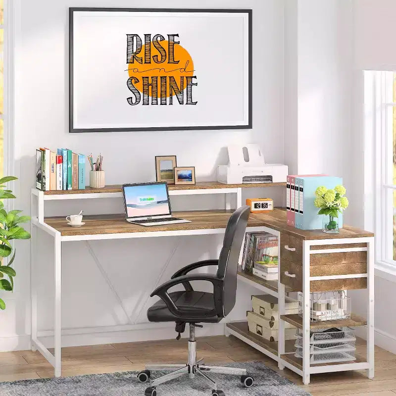 Bureau d'angle réversible en L avec tiroir, étagères de rangement et support d'écran