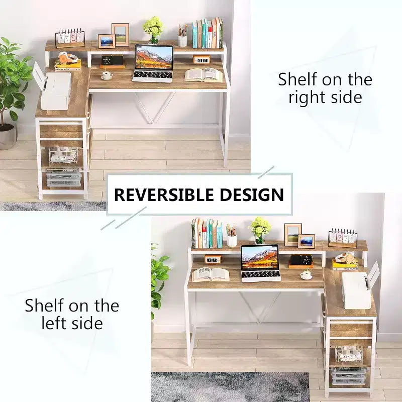 Bureau d'angle réversible en L avec tiroir, étagères de rangement et support d'écran