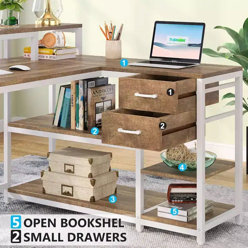 Bureau d'angle réversible en L avec tiroir, étagères de rangement et support d'écran