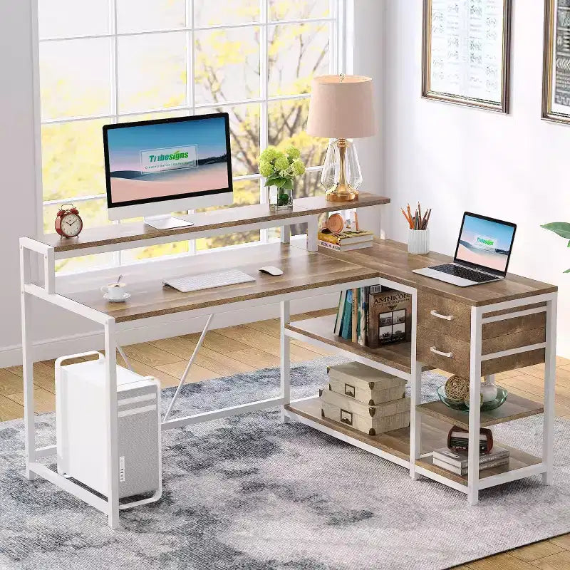 Bureau d'angle réversible en L avec tiroir, étagères de rangement et support d'écran