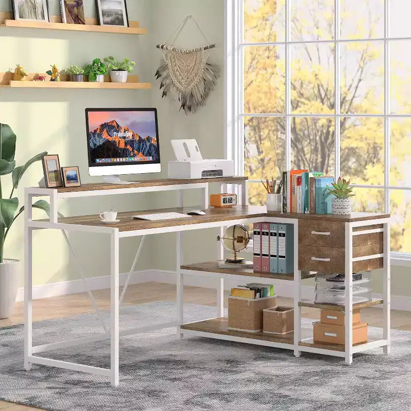 Bureau d'angle réversible en L avec tiroir, étagères de rangement et support d'écran