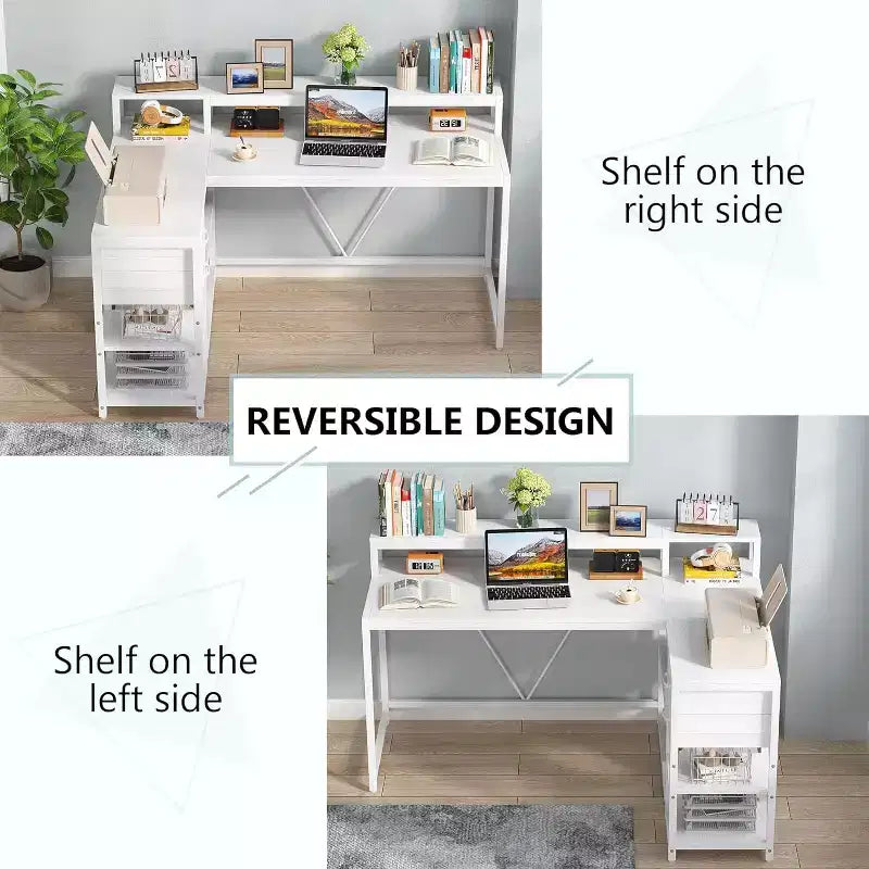 Bureau d'angle réversible en L avec tiroir, étagères de rangement et support d'écran