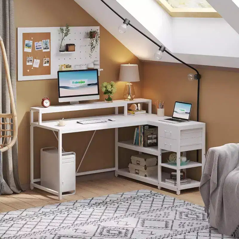 Bureau d'angle réversible en L avec tiroir, étagères de rangement et support d'écran