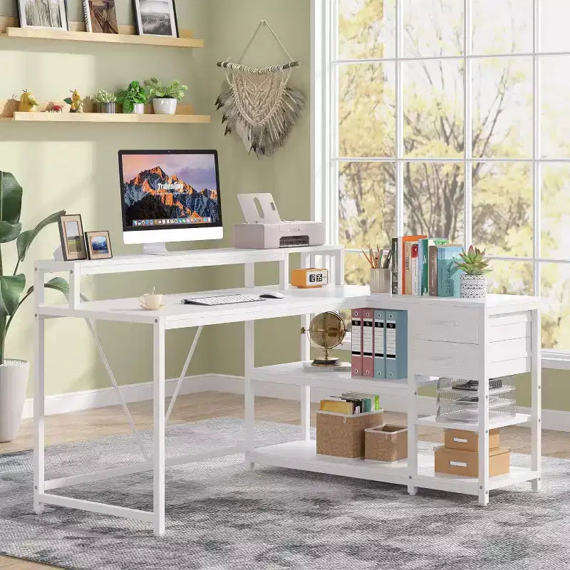 Bureau d'angle réversible en L avec tiroir, étagères de rangement et support d'écran