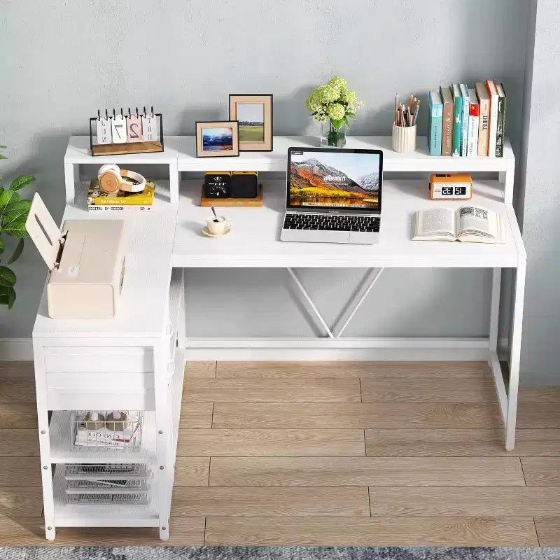 Bureau d'angle réversible en L avec tiroir, étagères de rangement et support d'écran