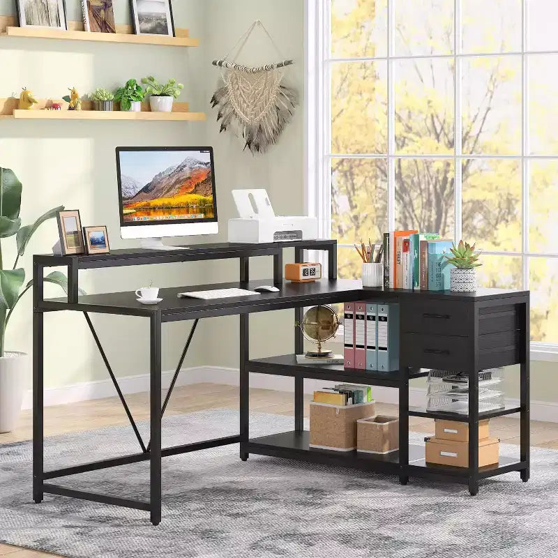 Bureau d'angle réversible en L avec tiroir, étagères de rangement et support d'écran