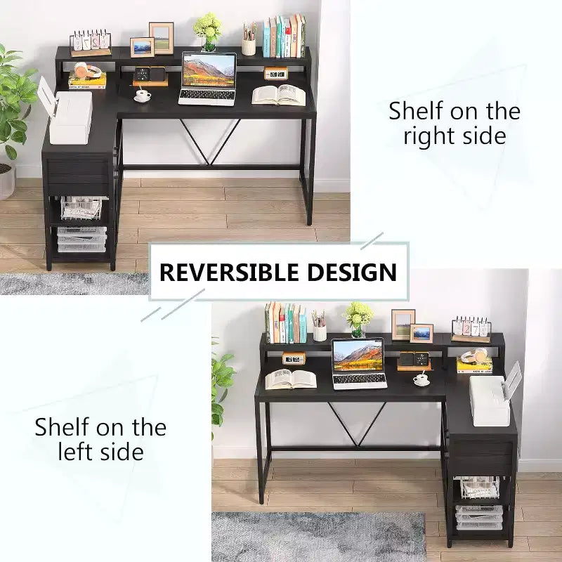 Bureau d'angle réversible en L avec tiroir, étagères de rangement et support d'écran