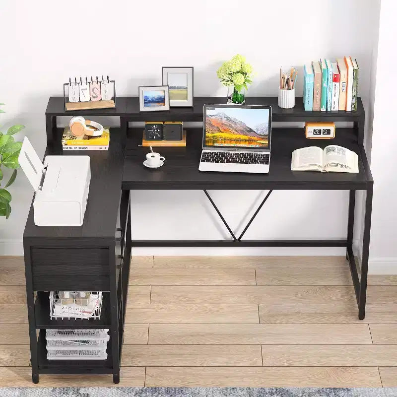 Bureau d'angle réversible en L avec tiroir, étagères de rangement et support d'écran