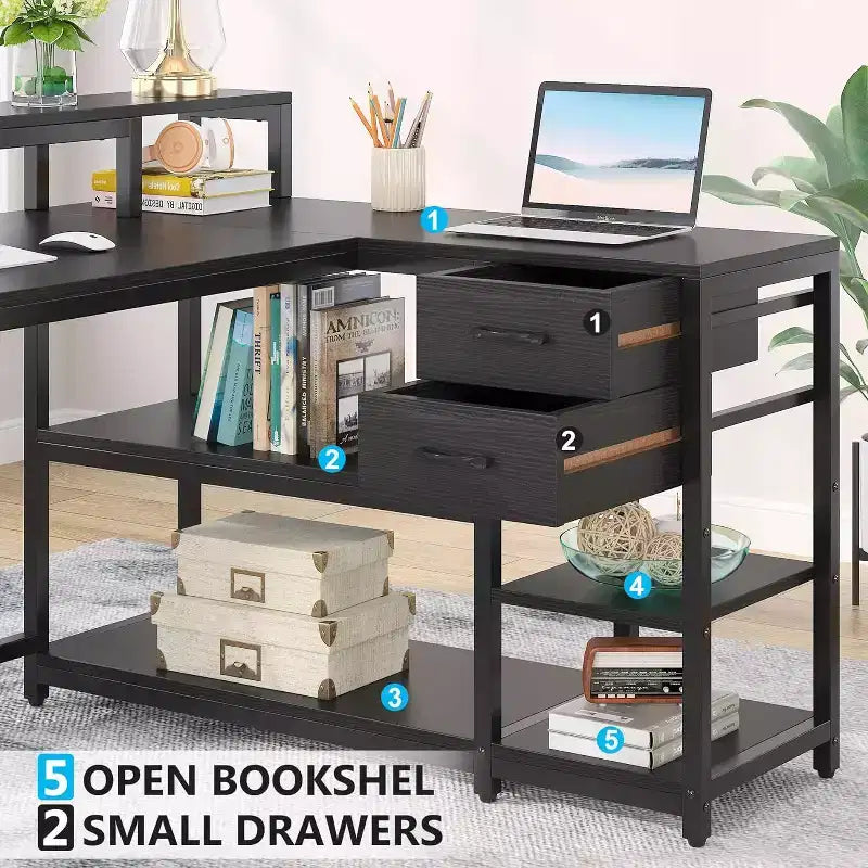 Bureau d'angle réversible en L avec tiroir, étagères de rangement et support d'écran