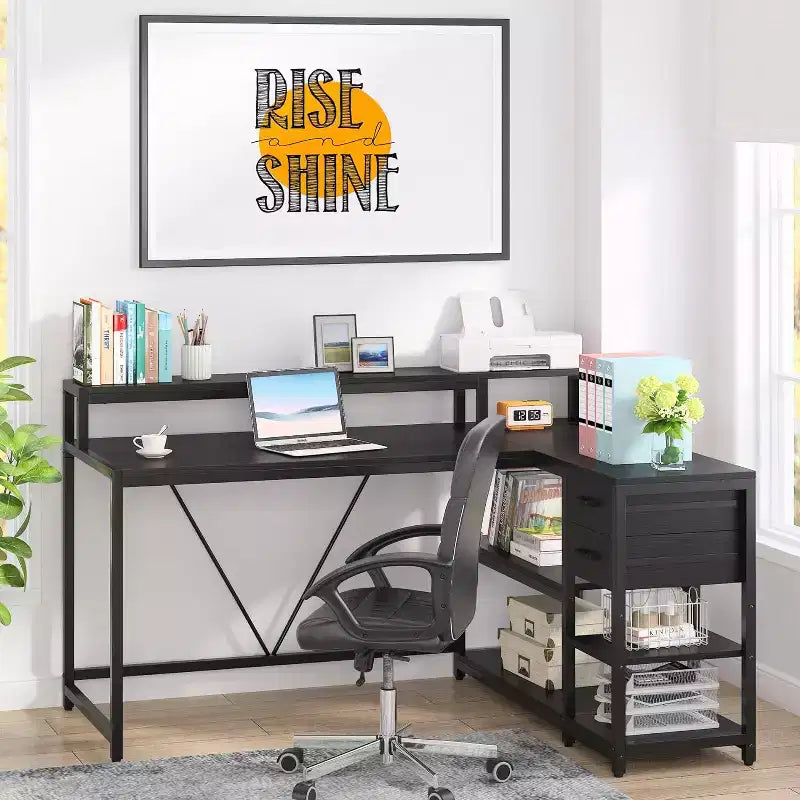 Bureau d'angle réversible en L avec tiroir, étagères de rangement et support d'écran