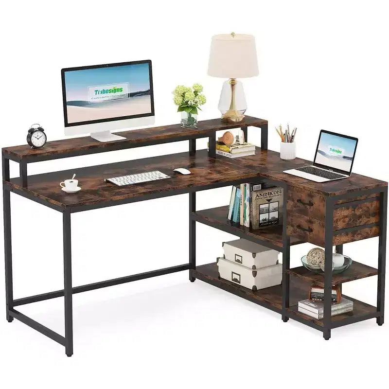 Lantine Reversible L-shaped Computer Desk with Drawer, Corner Desk Table with Storage Shelves and Monitor Stand for Home Office